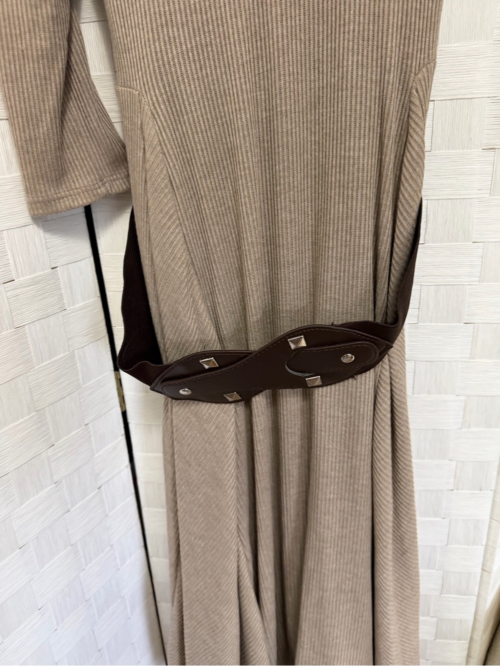 Robbie Bee Taupe Ribbed Long Sleeve Knit Dress with Attached Scarf - Picture 2 of 5